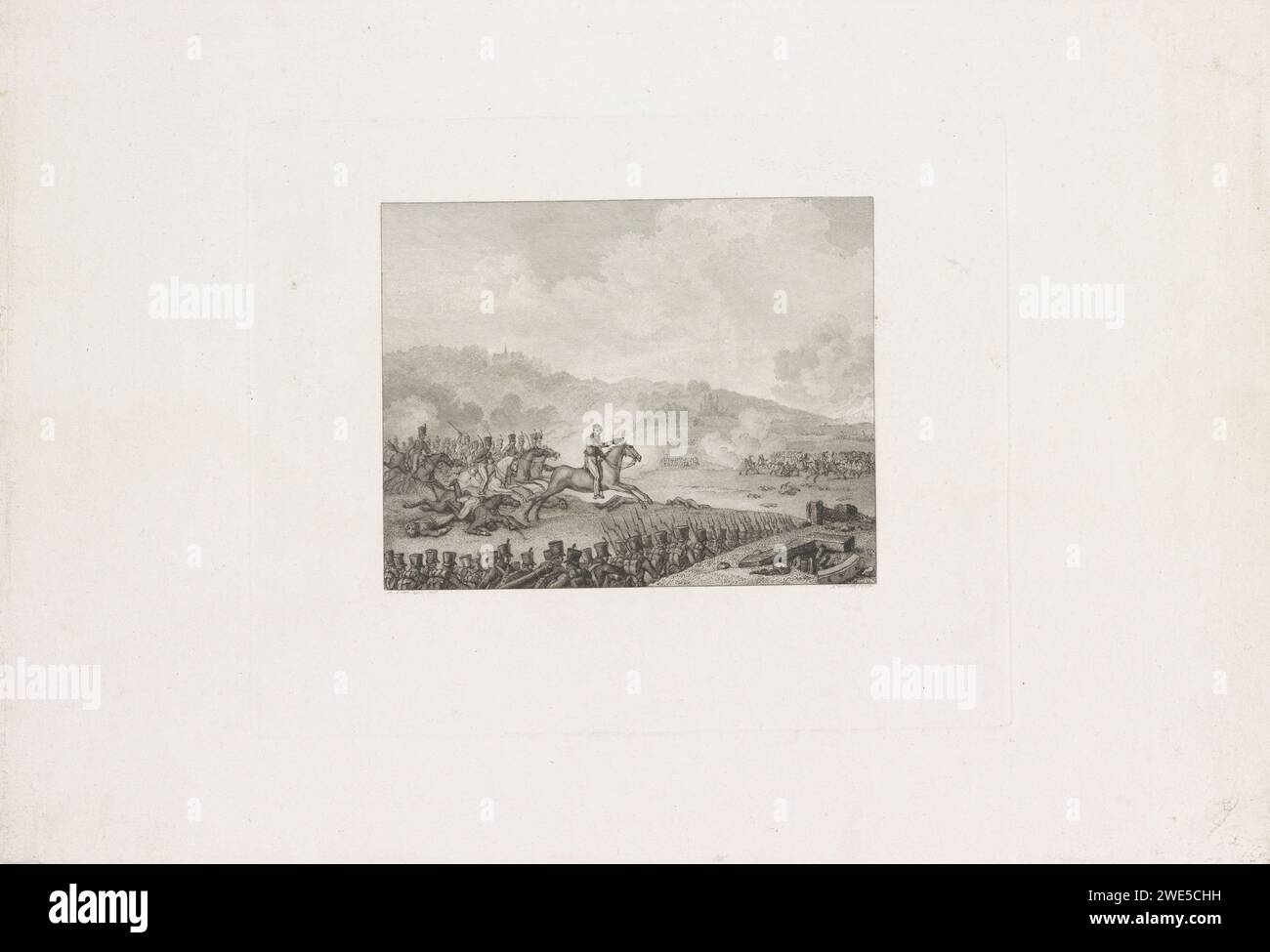 Prinz von Orange führt die niederländischen Truppen in Quatre-Bras, 1815, Reinier Vinkeles (I), nach Mattheus Ignatius van Bree, 1815–1816 Druck Willem Frederik Georg, Prinz von Orange, führt den Angriff der niederländischen Truppen auf die Franzosen in der Schlacht von Quatre-Bras, 16. Juni 1815. Teil einer Gruppe von Illustrationen von Ereignissen rund um und während der Schlachten bei Quatre-Bras und Waterloo, 16. Bis 18. Juni 1815. Niederlande Papierätzung / Gravur Kampf (+ Landstreitkräfte) achtzig-weiß Stockfoto