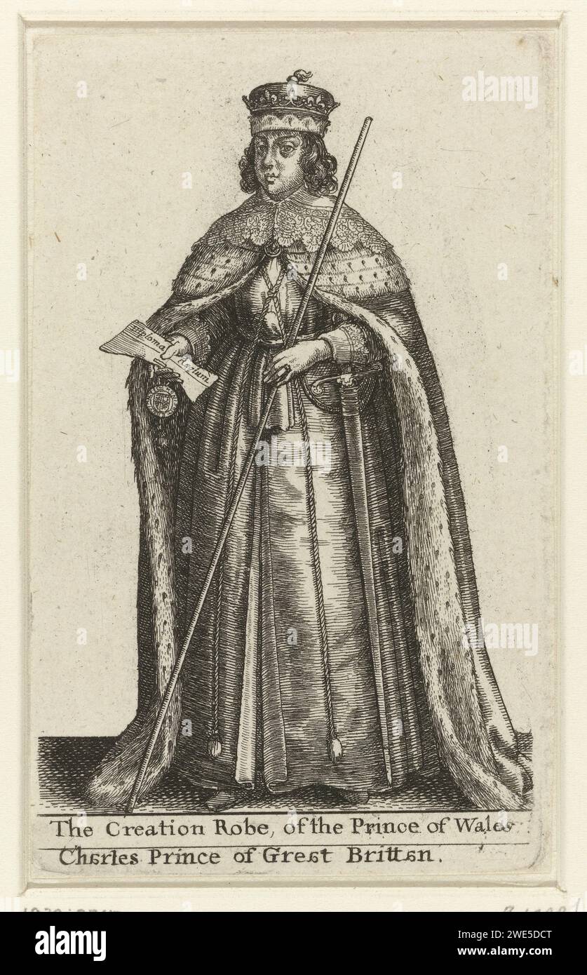 Zeremonielle Kleidung eines englischen Prinzen, Wenzel Hollar, 1662 Druckpapier mit Ätzung von Adel und Patriziat; Ritterlichkeit, Ritterschaft. Kleidung für besondere Zwecke Stockfoto