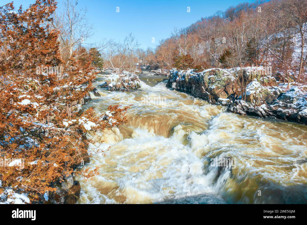 Little Sister fällt auf der Olmsted Island in der Nähe der Great Falls des Potomac River während der Winterfluten. Chesapeake und Ohio Canal National Historical Stockfoto