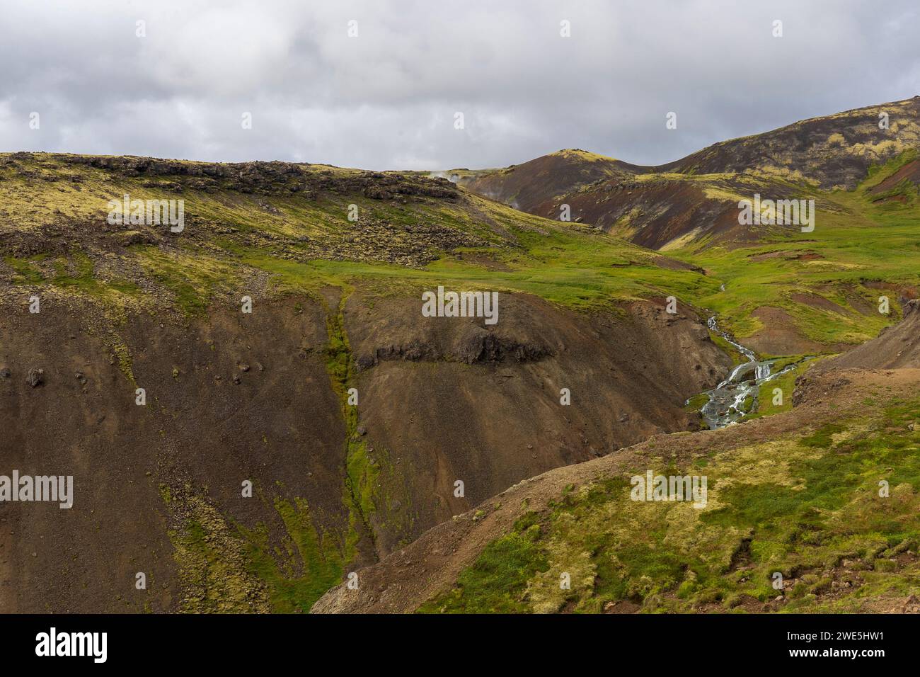 Wanderungen zu den heißen Quellen von Reykjadalur oder zum Steam Valley im Süden Islands. Blick auf rauchige Hügel und verwinkelte Flüsse. Stockfoto