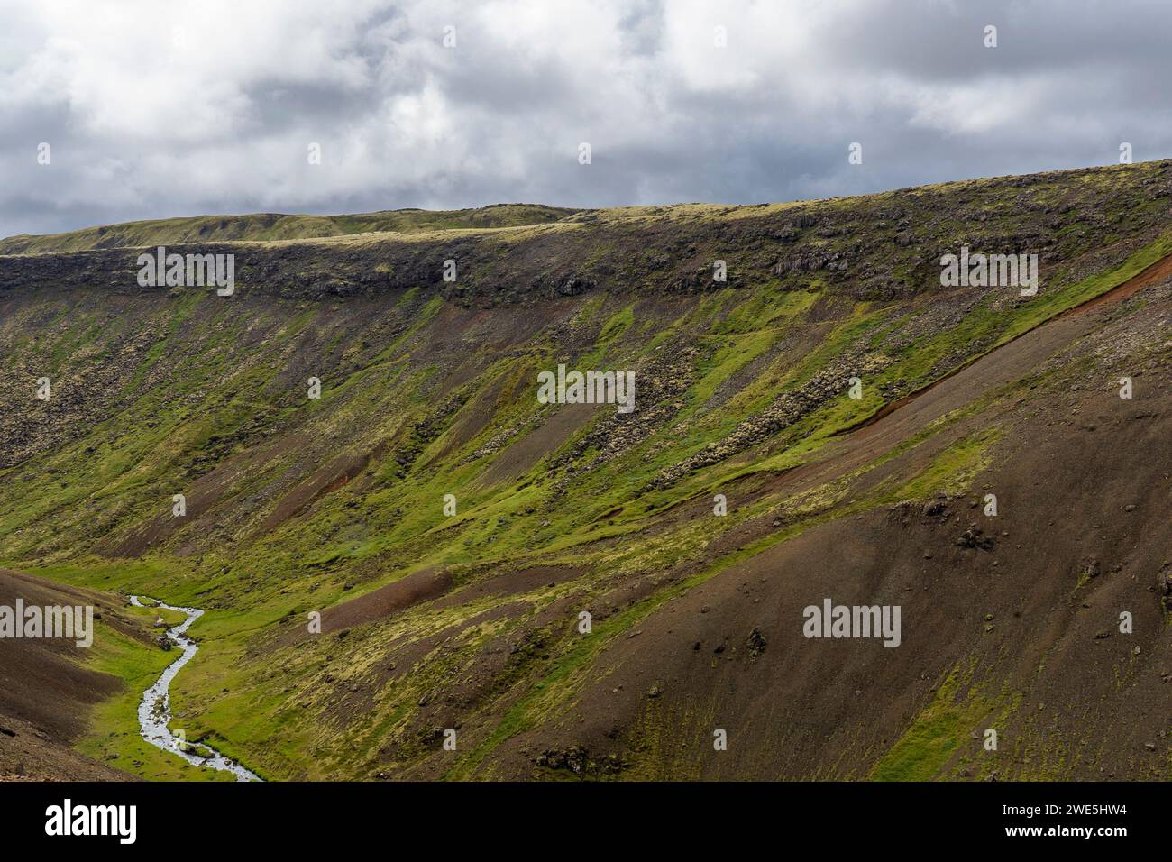 Wanderungen zu den heißen Quellen von Reykjadalur oder zum Steam Valley im Süden Islands. Blick auf rauchige Hügel und verwinkelte Flüsse. Stockfoto