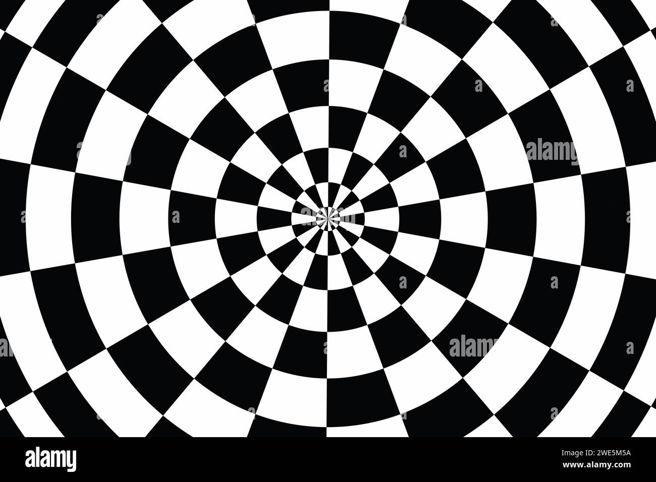 Schwarzes und weißes, kreisförmiges Schachbrett mit Fluchtpunkt. Stockfoto