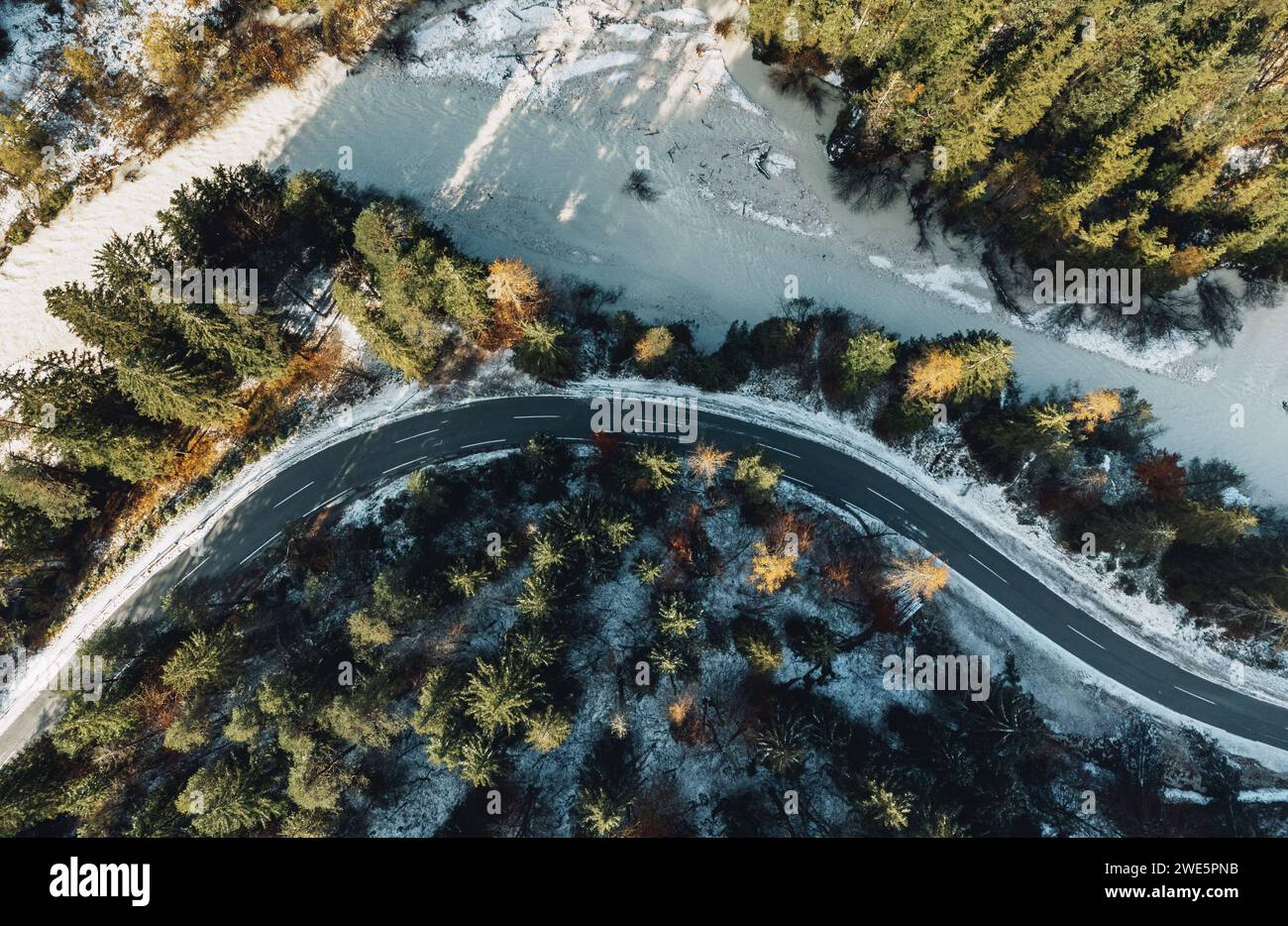 Direkt über dem Kopf Blick auf die kurvenreiche Straße durch den Herbstwald Stockfoto