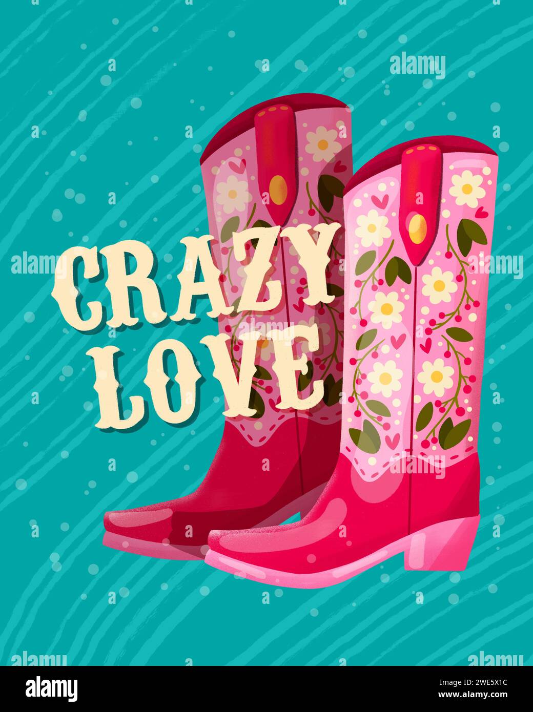 Ein Paar Cowboystiefel mit Blumen und einer Handschrift Crazy Love. Valentinstag farbenfrohe handgezeichnete Illustration in leuchtendem, lebendigem Co Stockfoto