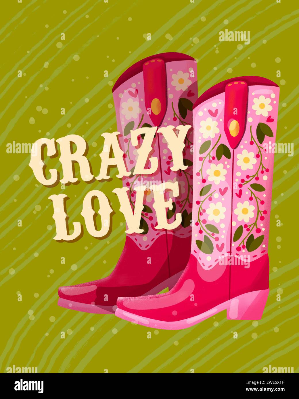 Ein Paar Cowboystiefel mit Blumen und einer Handschrift Crazy Love. Valentinstag farbenfrohe handgezeichnete Illustration in leuchtendem, lebendigem Co Stockfoto