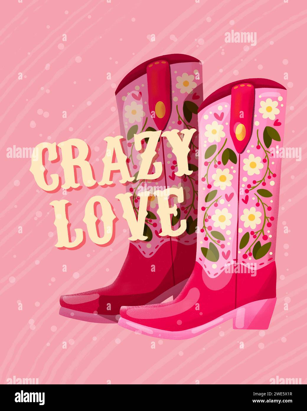 Ein Paar Cowboystiefel mit Blumen und einer Handschrift Crazy Love. Valentinstag farbenfrohe handgezeichnete Illustration in leuchtendem, lebendigem Co Stockfoto