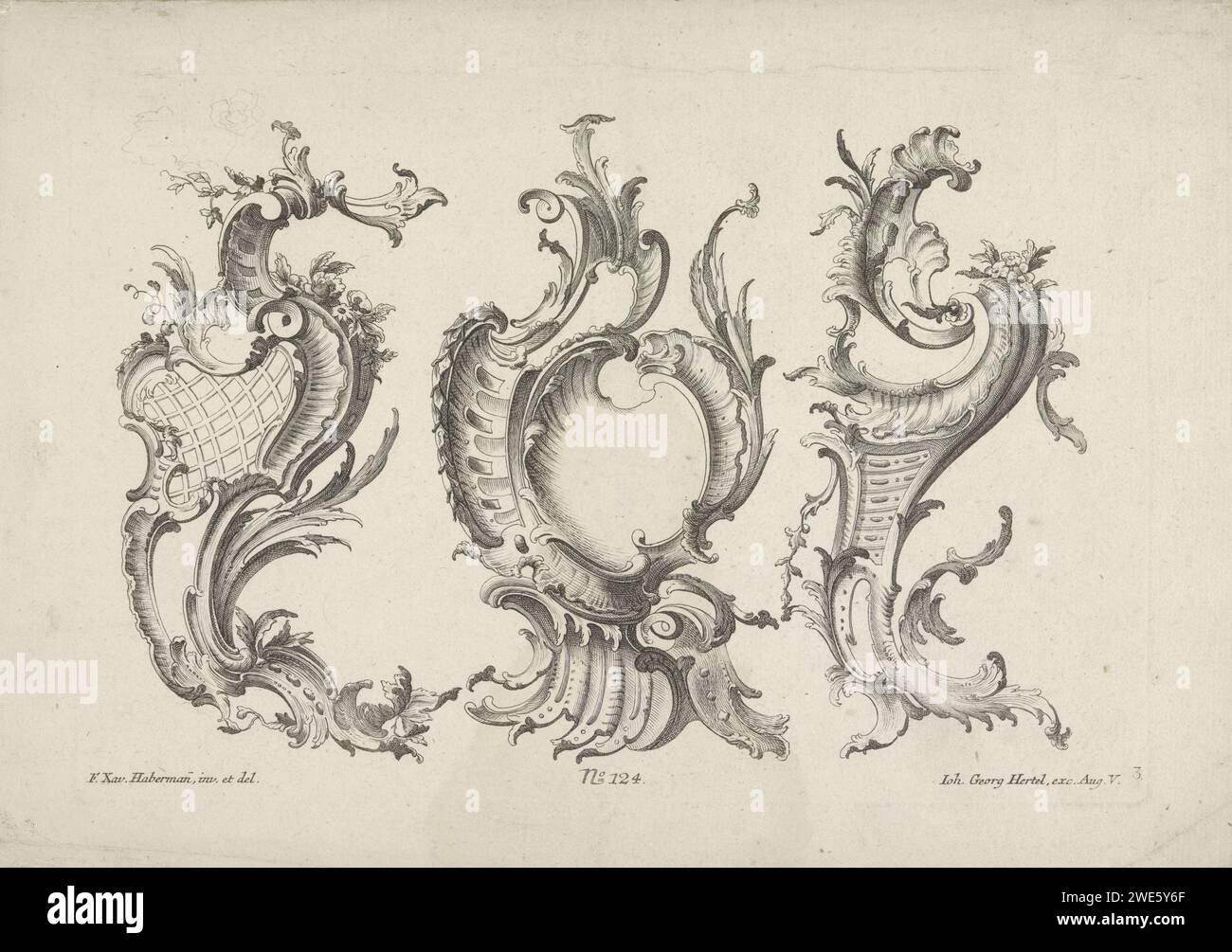 Rocaille Ornamente, Anonym, nach Franz Xaver Habermann, 1731–1775 drucken drei Rocailles. Veröffentlichungsnummer 124. Augsburger Papierätzung Rocaille Ornament Stockfoto