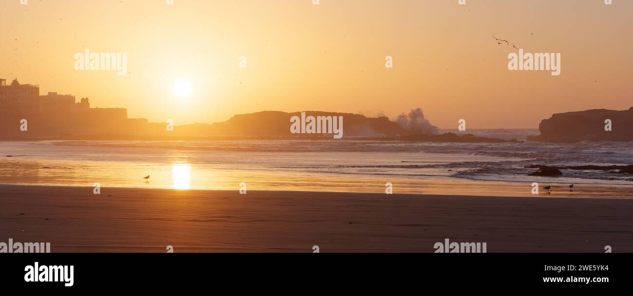 Die Wellen brechen an einem Sandstrand mit der Medina auf die Felsen, während Vögel in Essaouira, Marokko, am 23. Januar 2024 über die Felsen fliegen Stockfoto