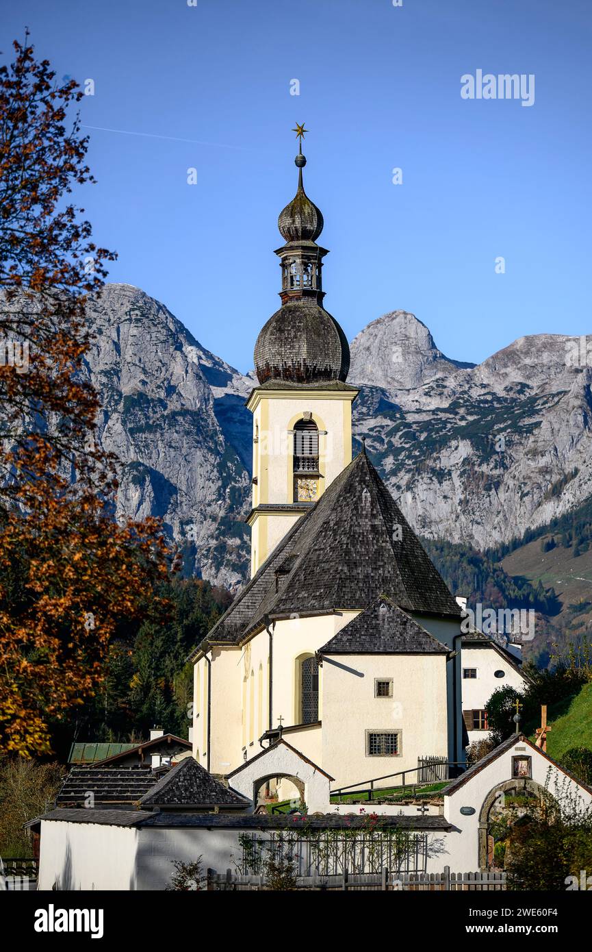 Pfarrkirche St. Sebastian, Ramsau bei Berchtesgaden, am Watzmann und Königssee, Nationalpark Berchtesgaden, Berchtesgaden Alpen, Oberbayar Stockfoto