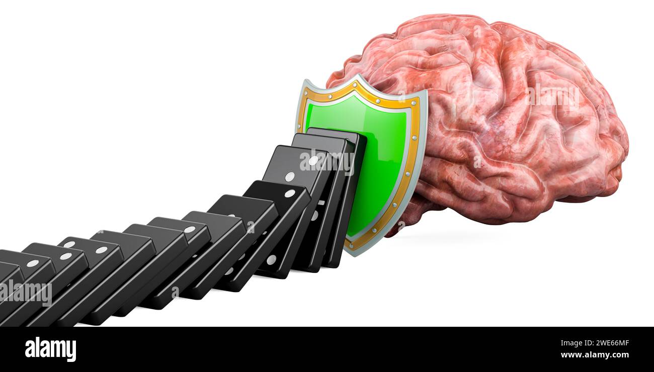 Schützen Sie das menschliche Gehirn, stoppen Sie den Domino-Effekt. Schutz des Gehirns, Konzept. 3D-Rendering isoliert auf weißem Hintergrund Stockfoto