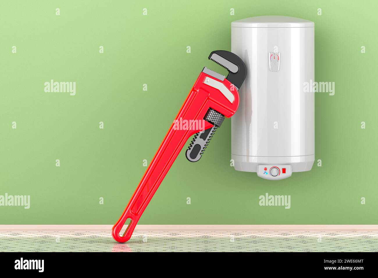 Warmwasserbereiter mit Rohrschlüssel im Innenraum. Reparatur und Wartung des Warmwasserbereiters, Konzept. 3D-Rendering Stockfoto