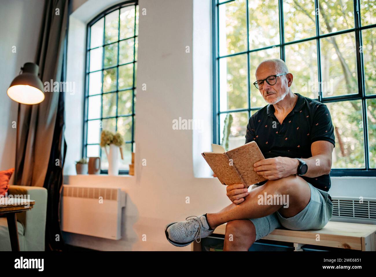 Senior Mann im Gemeindebereich, der Bücher liest, sitzt auf der Bank Stockfoto