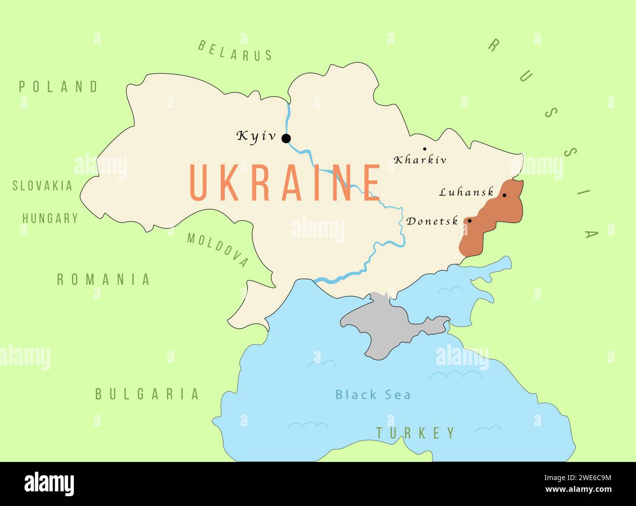 Farbenfrohe einfache Karte der Ukraine mit besetzten Krim und östlichen Regionen unter dem Konflikt. Vektorabbildung Stock Vektor