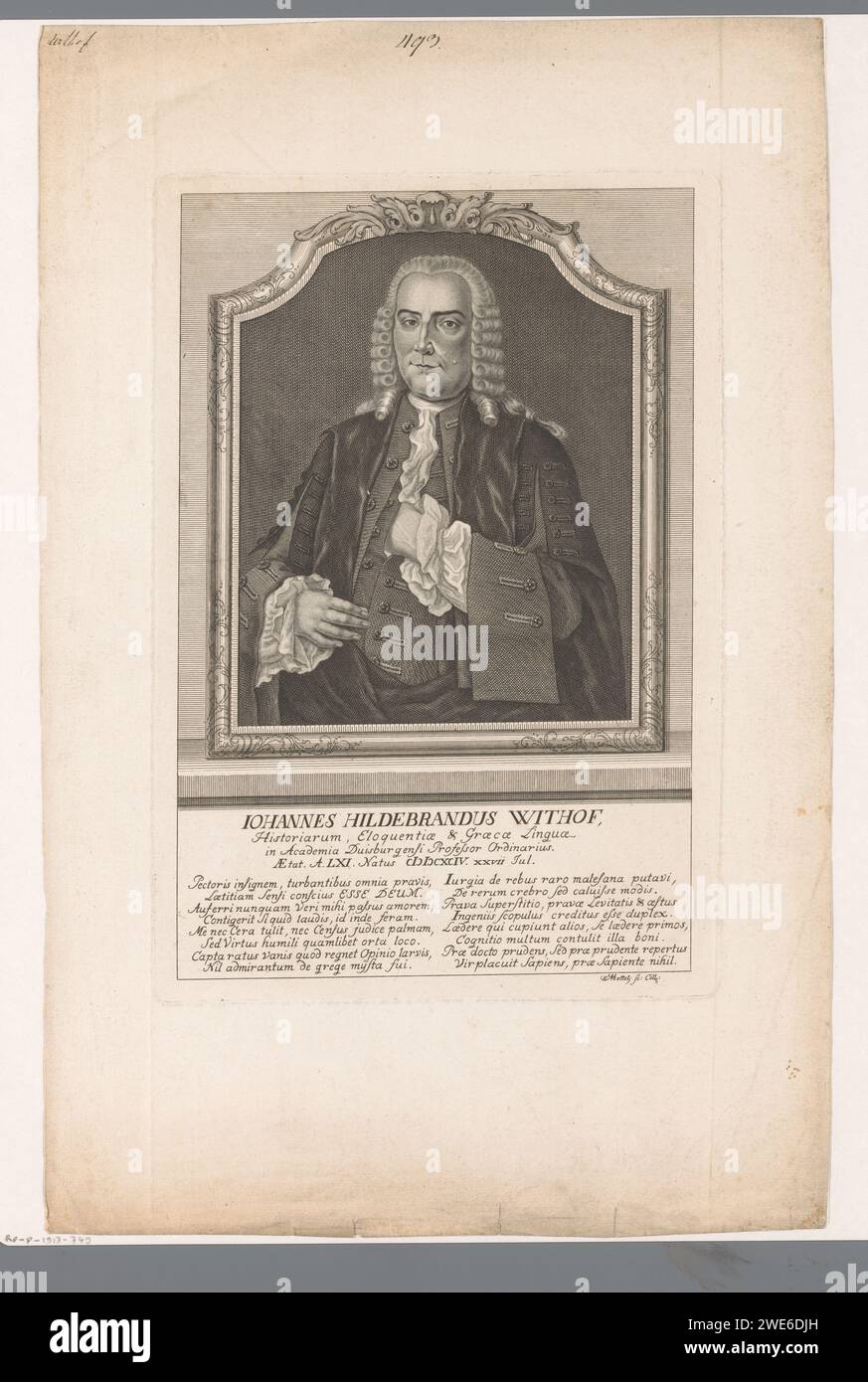 Porträt von Johann Hildebrand Withof im Alter von 61 Jahren, Nicolaus Mettel, 1755 - 1778 Druck Kölner Papierstich historischer Personen. Perücke Stockfoto