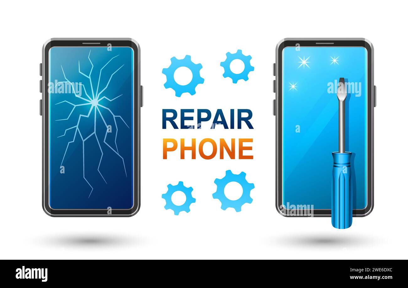 Handyreparaturservice, kaputte Touchscreen-Reparatur des Smartphones, Austausch kaputter Telefondisplay. Wartungszentrum für technische Elektronik. Vektor Stock Vektor