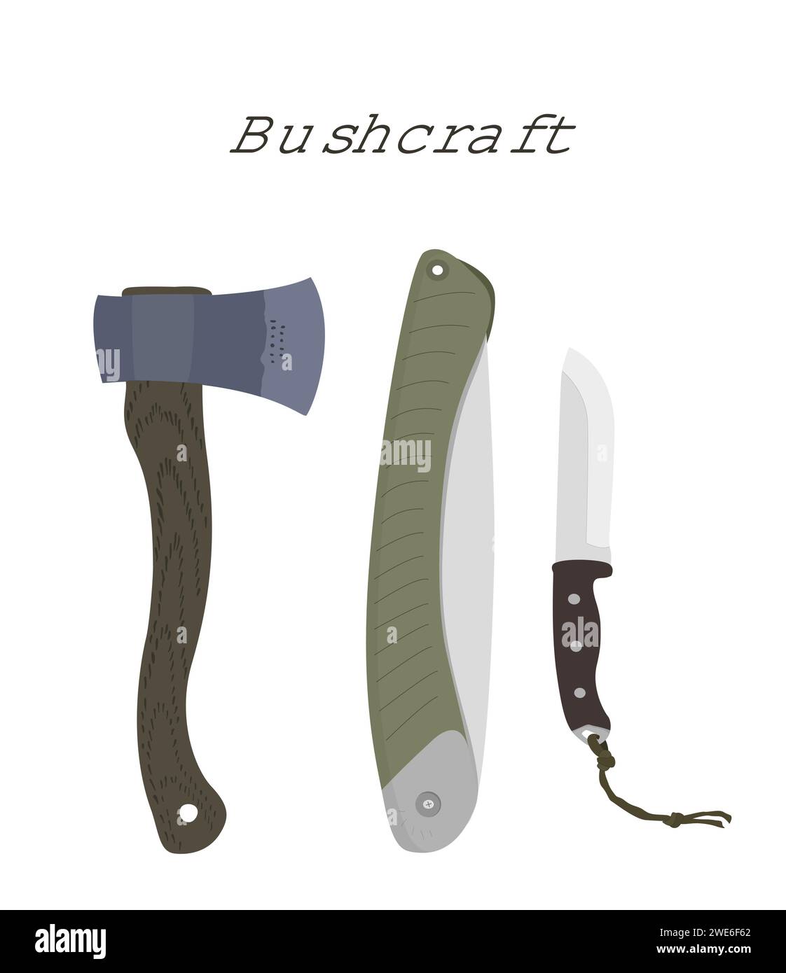 Bushcraft-Werkzeuge: Säge, Messer, Axt. Zeichnungssatz. Bearbeitbare EPS auf Ebenen. Vektorabbildung Stock Vektor