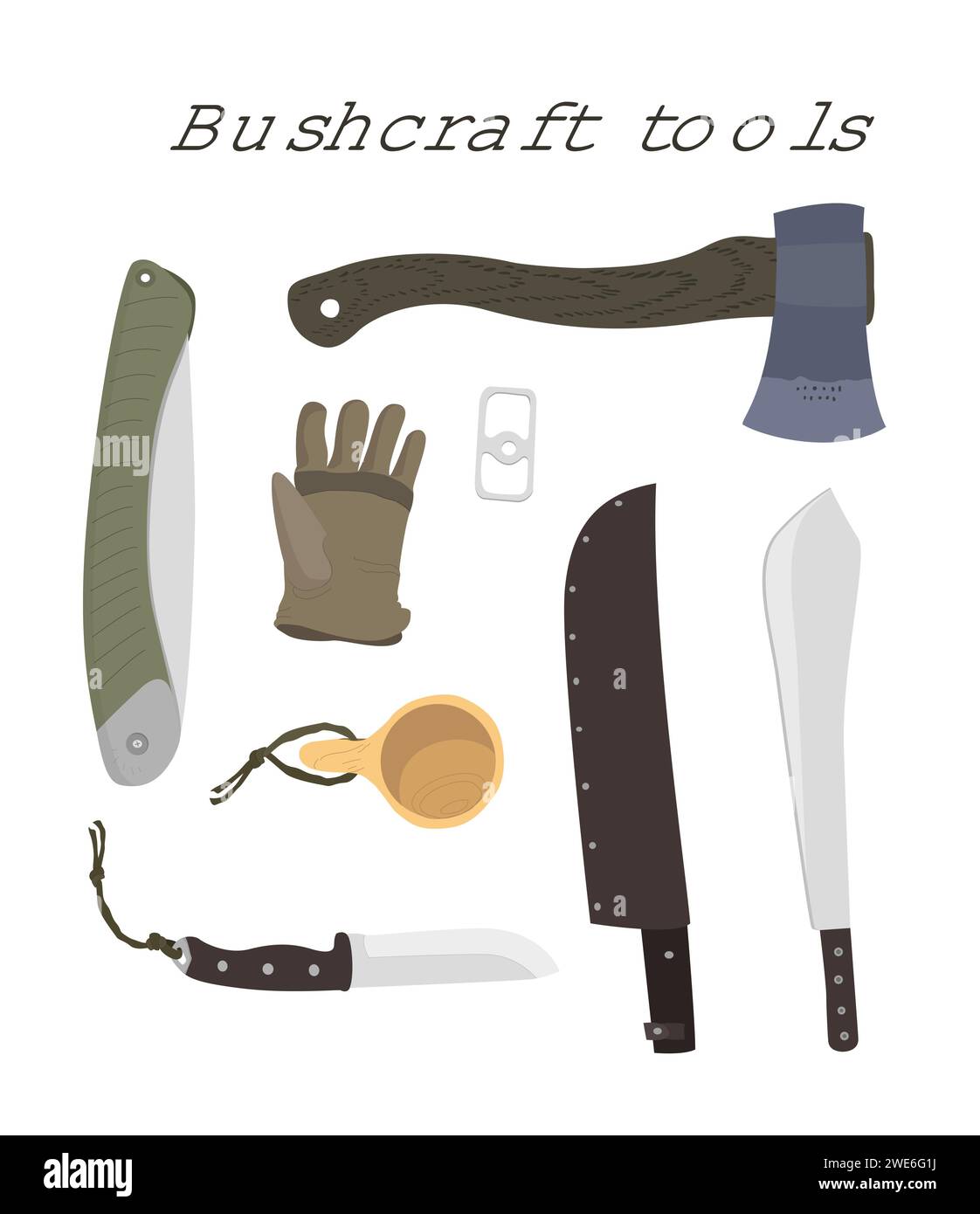 Bushcraft-Werkzeuge: Säge, Messer, Axt, Machete, Lederhandschuhe, Kuksa. Bearbeitbare EPS auf Ebenen Stock Vektor