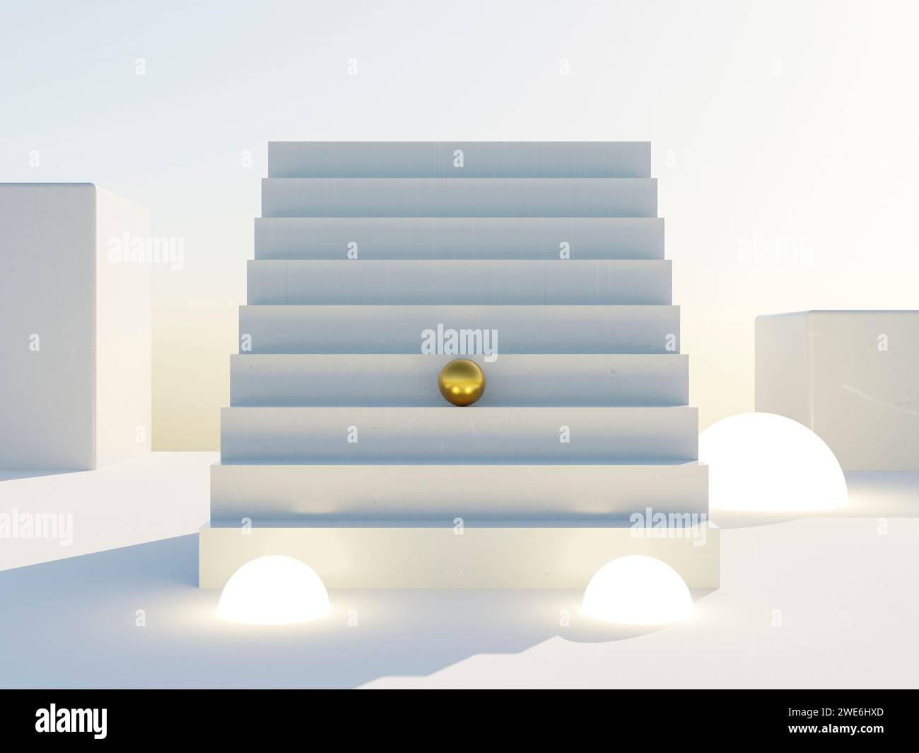 3D-Darstellung der Goldkugel auf der Treppe Stockfoto