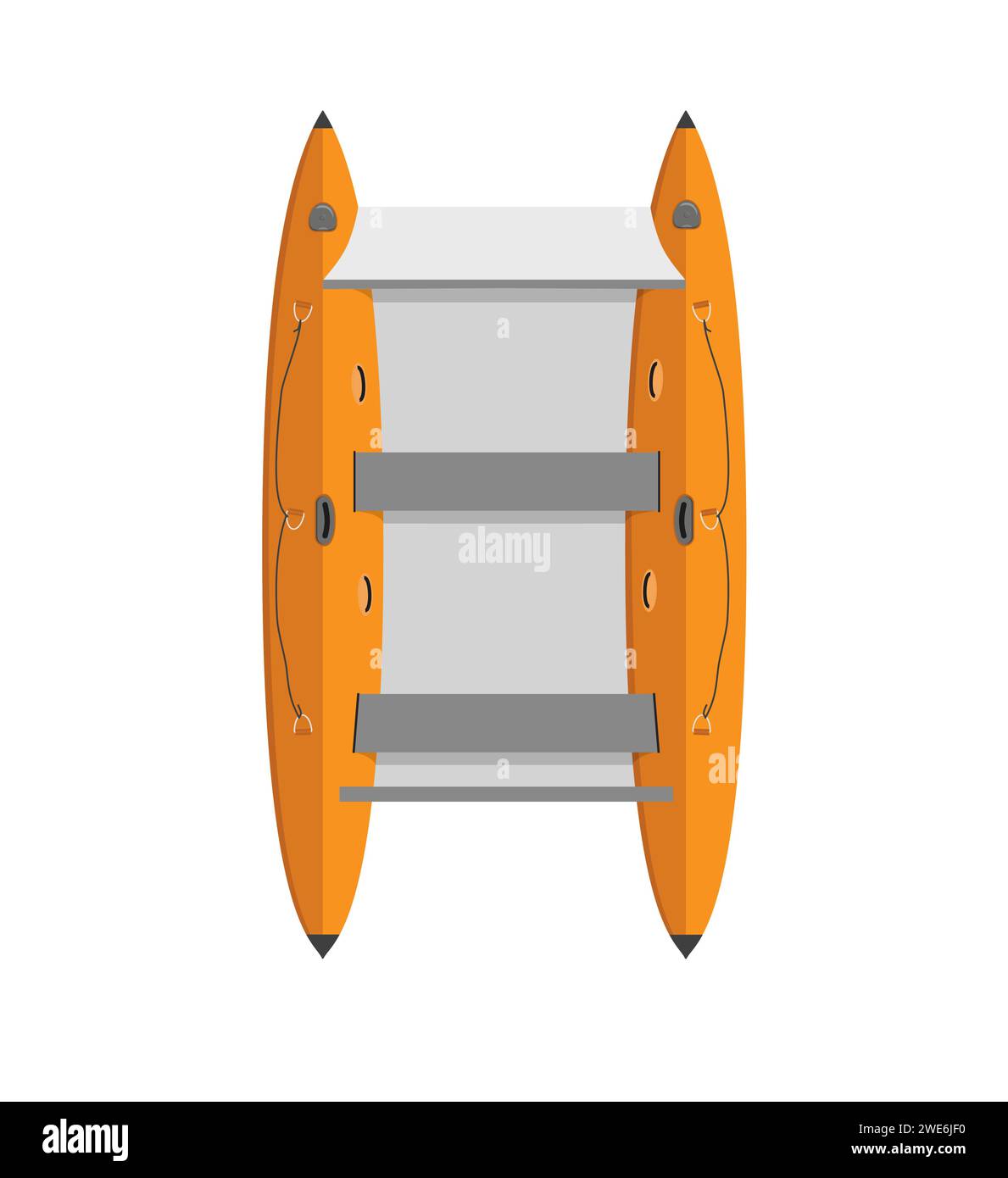 Isolierter aufblasbarer orangefarbener Katamaran mit weichem Boden und Bänken zum Floßen auf dem Fluss. Flacher STYLE. Sportausrüstung für Outdoor-Aktivitäten im Sommer. Vektor Stock Vektor