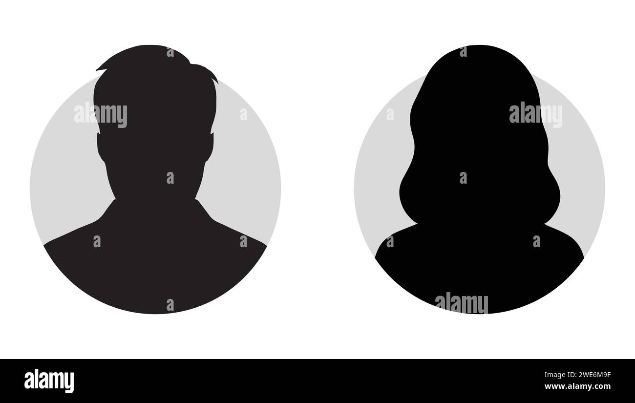 Eine Vektorillustration, die männliche und weibliche Gesichtssilhouetten oder Ikonen darstellt und als Avatare oder Profile für unbekannte oder anonyme Personen dient. Stock Vektor