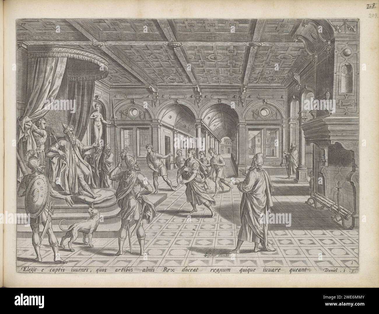 Daniël für König Nebukadnessar, 1643 Druck Daniël und drei weitere junge Israeliten werden König Nebukadnessar vorgestellt. Der König, links auf dem Thron, weist sie an, sie zu lehren, damit sie sich dem König anschließen können. Unter dem zeigen Sie dann einen Verweis auf den Bibeltext in lateinischer Sprache. 1: 3. Dieser Ausdruck ist Teil eines Albums. Amsterdamer Papierstich Israeliten (meist vier) werden dem Prinzen der Eunuchen vorgeführt, weil König Nebukadnezar sie im Palast erziehen lassen will (Daniel 1) Stockfoto