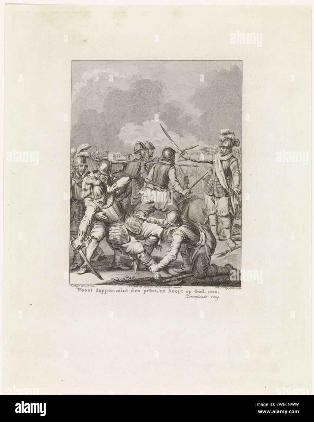 Tod von Charles de Boisot, 1575, Theodoor Koning, nachdem Jacobus kauft, 1785 gedruckt während einer Schlacht mit Mondragon, Charles de Boisot findet den Tod auf dem Schlachtfeld, 29. September 1575. Dieser Druck ist Teil einer Serie von 24 Drucken mit Szenen aus dem Leben von Prinz William I., 1568-1584 und eine Illustration des siebzehnten Singens. Amsterdamer Papierstich-Färbung. Kampf, Kampf im Allgemeinen Stockfoto