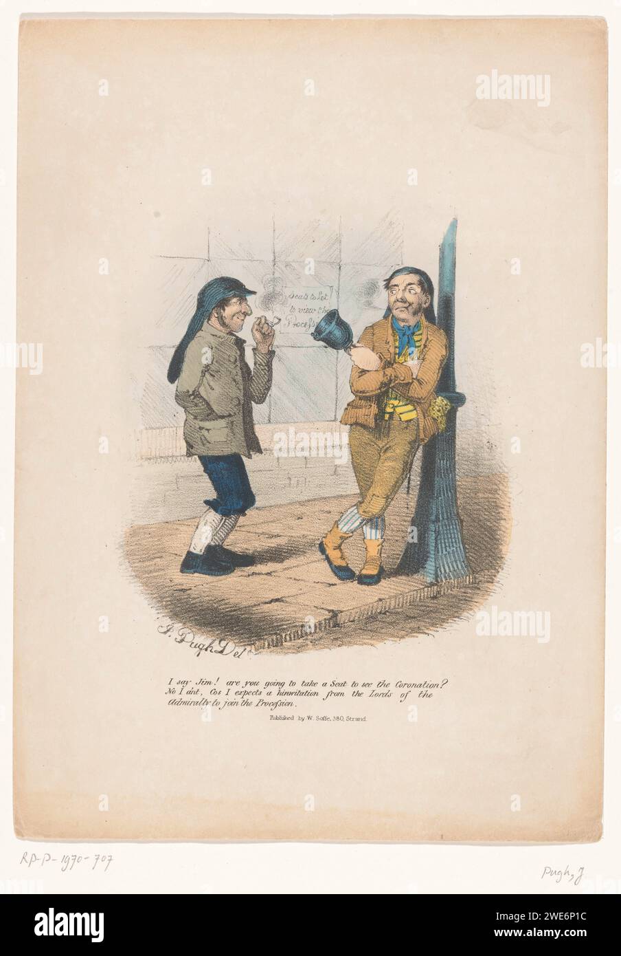 Zwei Männer diskutieren die bevorstehende Krönung von Victoria, 1838, J. Pugh, 1838 Print Cartoon, in dem zwei Männer auf der Straße die bevorstehende Krönung diskutieren. Es ist wahrscheinlich die Krönung von Königin Victoria am 28. Juni 1838. Printmacher: Englandpublisher: London fotografische Unterstützung politischer Karikaturen und Satiren Stockfoto