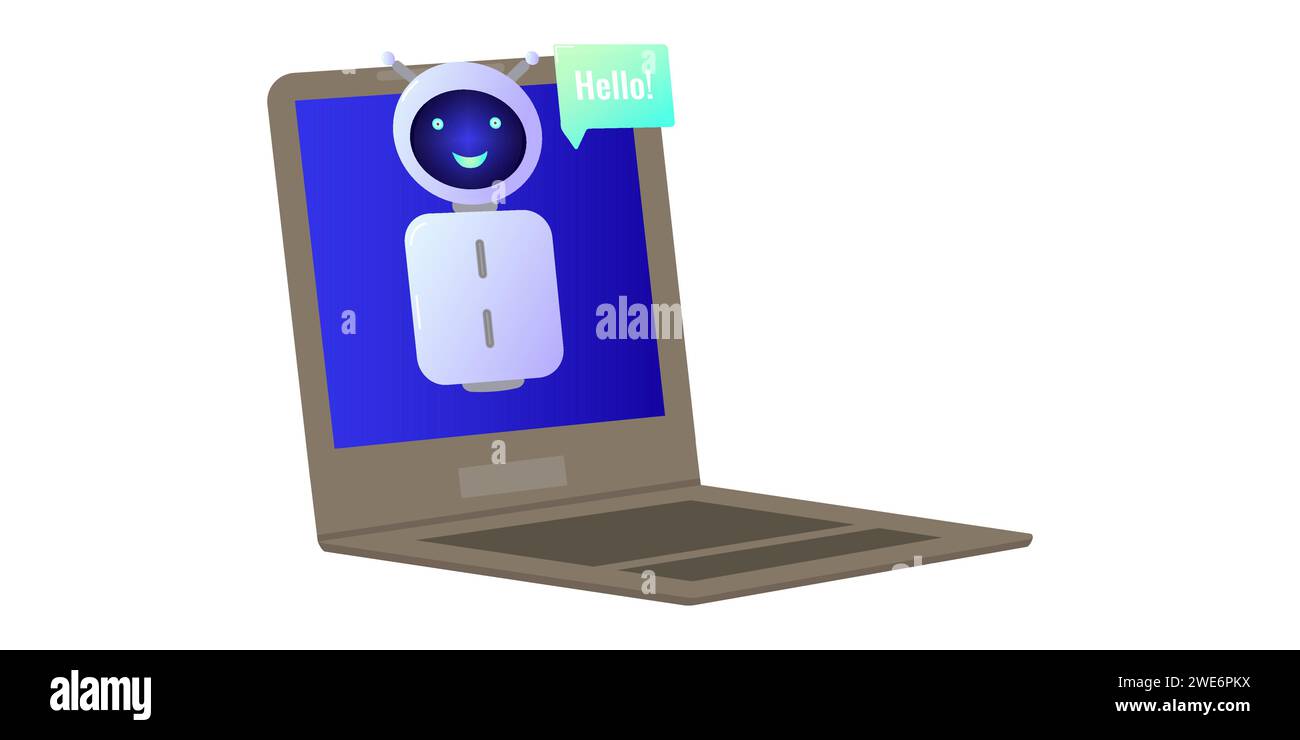 Chatbot Assistent von Roboter mit Ai 3d. Nettes freundliches Bot-neuronales Netzwerk. Online-Assistent. Website-Design von Social-Networking-Anwendungen. Vektorabbildung. Stock Vektor