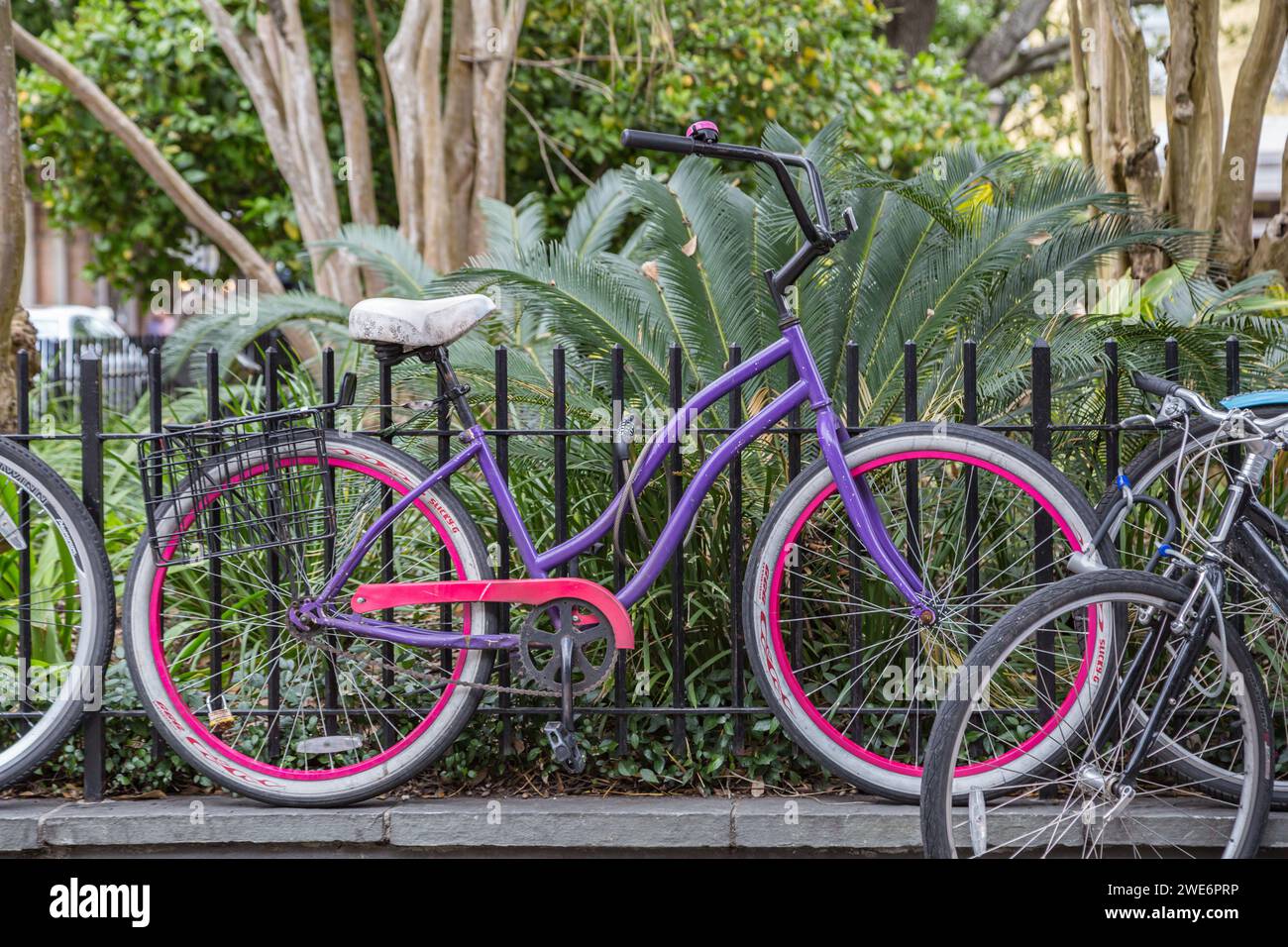 Farbenfroh bemaltes Fahrrad, das an einen schmiedeeisernen Zaun rund um den Latrobe Park an der Ursulines Avenue im French Quarter von New Orleans, Louisiana, gekettet ist Stockfoto
