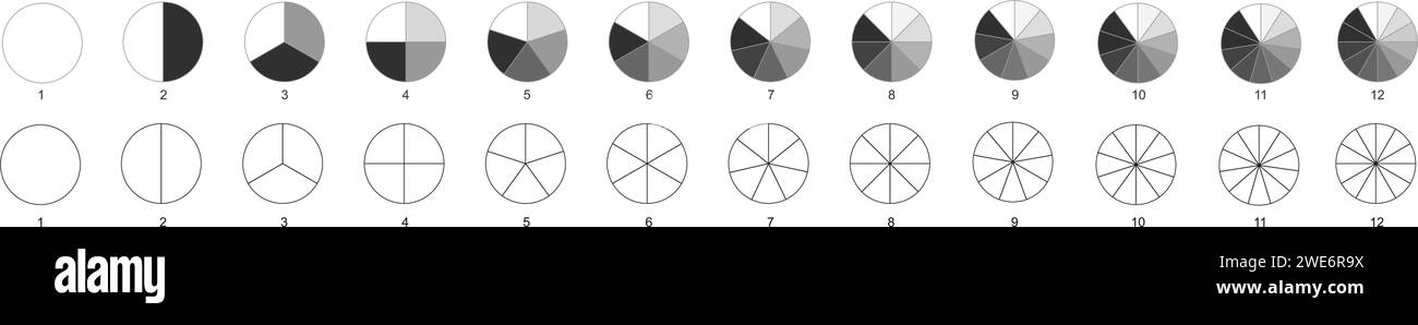 Kreis teilt sich auf gleiche Teile von 1 bis 12. Vorlagen für Donut- oder Tortendiagramme. Runde Formen, die in Schichten geschnitten werden. Satz Raddiagramme mit Sektoren auf weißem Hintergrund. Vektorgrafik Stock Vektor