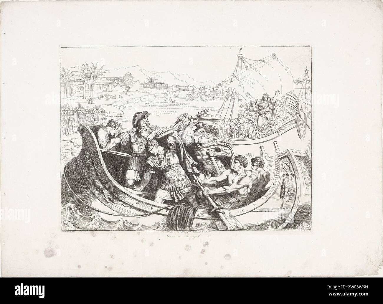 Mord auf Pomphaus, Bartolomeo Pinlli, 1818 Druck nachdem Pompeius in der Schlacht von Pharsalus besiegt wurde, floh er nach Ägypten. Pompeius wird von römischen Soldaten im Boot zwischen seiner Galei und der ägyptischen Küste ermordet. Rom Papier ätzt Tod von Pompeius: Nachdem er seine Galeere verlassen hat, wird Pompeius in dem Boot ermordet, das ihn an Land Ägypten bringen soll Stockfoto