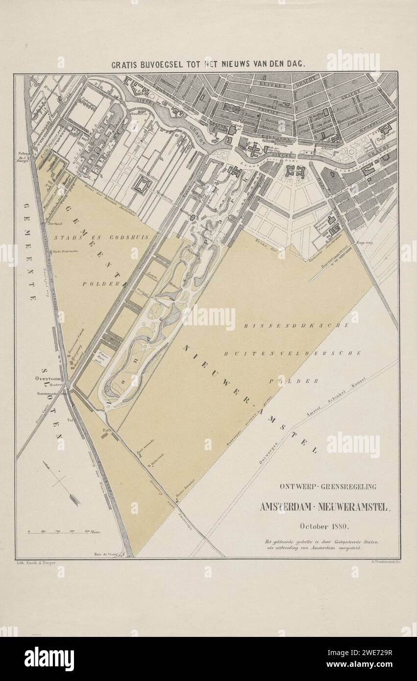 Design Border Regulation Amsterdam -Nieuweramstel, Albertus Barend Hendrik Braakensiek, 1851 - 1884 Print Teil von Amsterdam ist auf der Karte zu sehen, einschließlich Vondelpark, Leidseplein und Teil der Singelgracht. Unten rechts steht: Der farbige Teil wurde von der Provinzregierung als Erweiterung von Amsterdam präsentiert. Das Design erschien im Oktober 1880 als Anhang zu den Nachrichten des Tages. Printmacher: Amsterdamprinter: Haarlem Papier Stadtpläne. Geodäsie, Vermessung Amsterdam. Vondelpark. Leidseplein Stockfoto