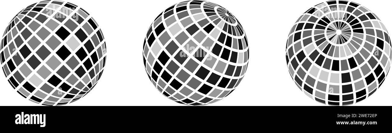 Schwarzes Discokugel-Set. Ansammlung strahlender Kugeln in verschiedenen Winkeln. Musik-Globus oder Planet-Bundle. Spiegelkugelelement-Paket für Poster, Banner, Musikcover, Party. Vektorabbildung Stock Vektor