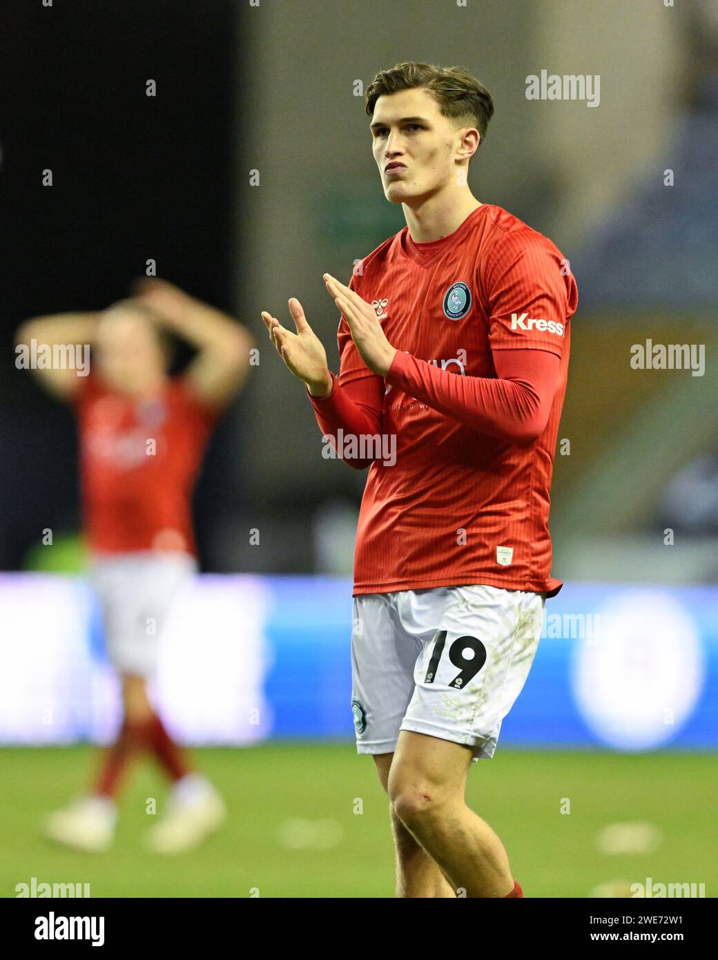 Wigan, Großbritannien. Januar 2024. Freddie Potts von Wycombe Wanderers, während des Spiels der Sky Bet League 1 Wigan Athletic vs Wycombe Wanderers im DW Stadium, Wigan, Vereinigtes Königreich, 23. Januar 2024 (Foto: Cody Froggatt/News Images) in Wigan, Vereinigtes Königreich am 23. Januar 2024. (Foto: Cody Froggatt/News Images/SIPA USA) Credit: SIPA USA/Alamy Live News Stockfoto