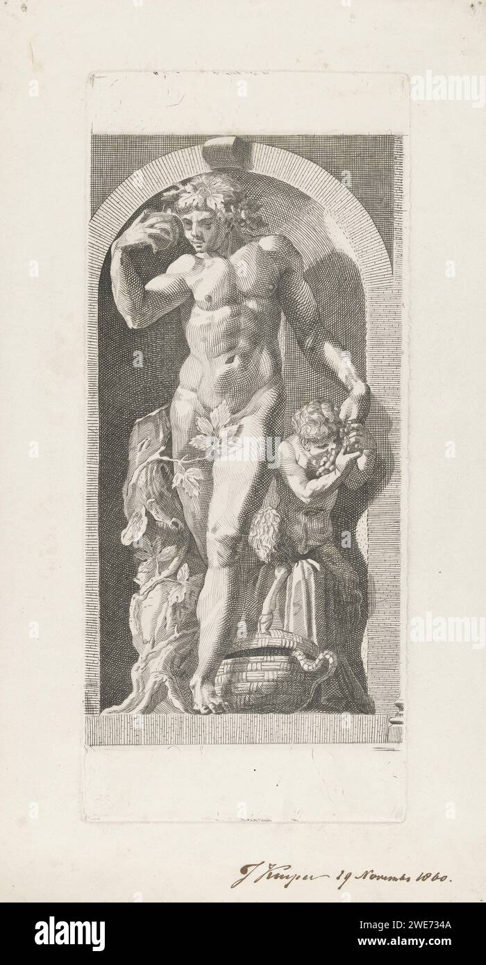 Bacchus und ein Sater, J. Kuyper (Prentmaker), 1860 drucken Bacchus und ein Sater in einer Nische. Bacchus hält eines seiner Ziegenbeine auf einem Korb, wo ein Schlangenschwanz herausragt. Während Bacchus aus der Nische zu kommen scheint, frisst die Sater-Trauben aus seiner Hand. Satyr(s) zum Ätzen/Gravieren von Papier (im Allgemeinen). (Geschichte) Bacchus (Dionysos), Liber. Attribute von Bacchus: Reben. Schlangen Stockfoto