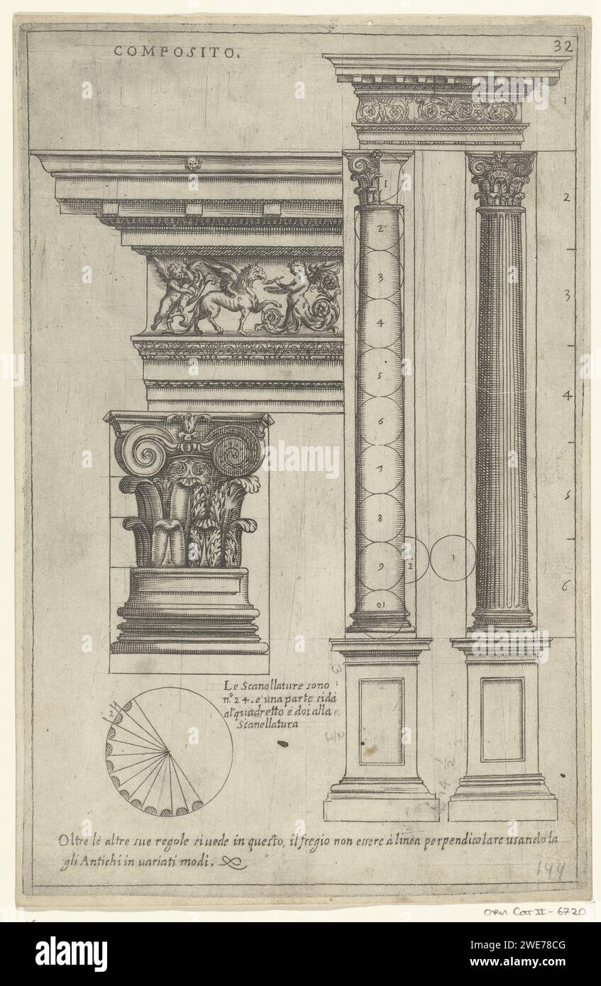 Zwei zusammengesetzte Säulen mit Sockeln, Kapitellen, einem Hauptrahmen und Details, anonym, nach Giovanni Battista Montano, 1636 Druck links sind Details des Hauptrahmens, des Kapitals, des Untergeschosses und des Schaftdurchmessers. Nach Entwurf: Italien (möglicherweise) Verlag: Rom Papierstich Stockfoto