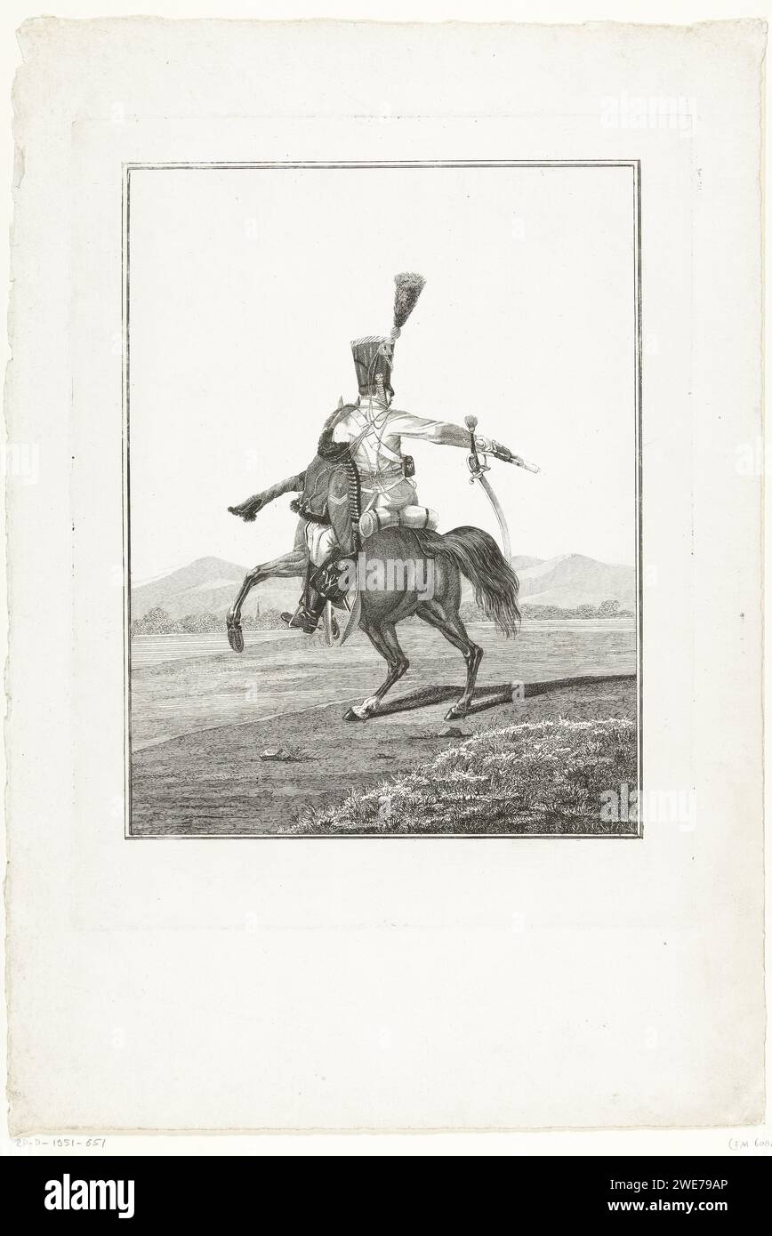 HUZAAR zu Pferd, ein Angeklagter, mit einer Waffe in der Hand, Joannes Bemme, nach Johannes Hari (I), nach de Ceva, 1800–1841 Druckpapier, das Krieg graviert; militärische Angelegenheiten (+ Kavallerie, Reiter) Stockfoto