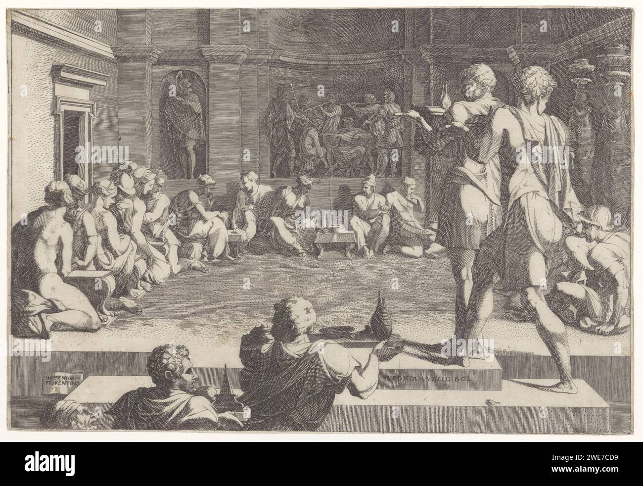 Das Bankett Alexanders des Großen in Persepolis, Domenico del Barbiere, nach Francesco Primaticcio, 1516–1565 Druck Männer und Frauen sitzen in einem Kreis an den Wänden eines Raumes. Die Bediensteten bringen Essen und Getränke auf Tabletts. Im Hintergrund spielt eine Gruppe von Musikern Musik. Druckerei: Florencenach Zeichnung von: Italien Papiergravur Bankett der eleganten Firma Stockfoto