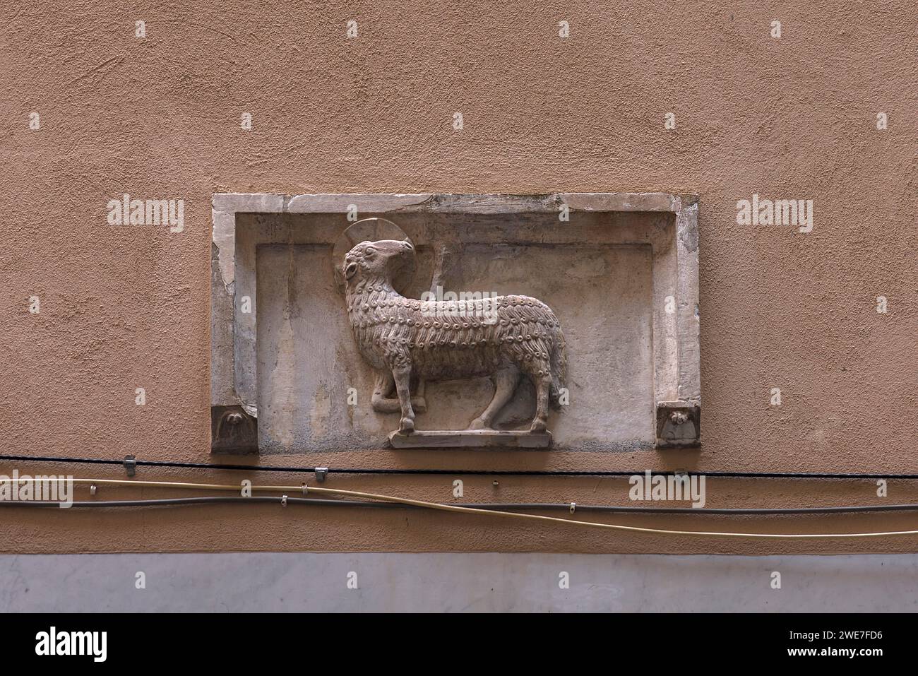 Skulptur des Lammes Gottes über einer Eingangstür, historisches Stadtzentrum, Genua, Italien Stockfoto