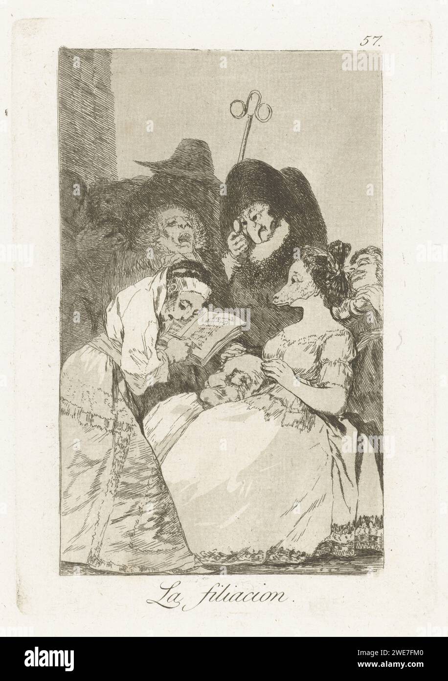 Aus Aphstamming, Francisco de Goya, 1797–1799 drucken Eine Frau mit einer Maske vorne, ihre Hände bedecken die Hörner auf dem Kopf auf ihrem Schoß. Ihr gegenüber schreibt eine Frau in einem Buch. 57. Druck in der Los Caprichos-Serie. Spanien Papier ätzt Jugendliche, junge Frau, Mädchen. Maske. (Zivile) Trauungen Stockfoto