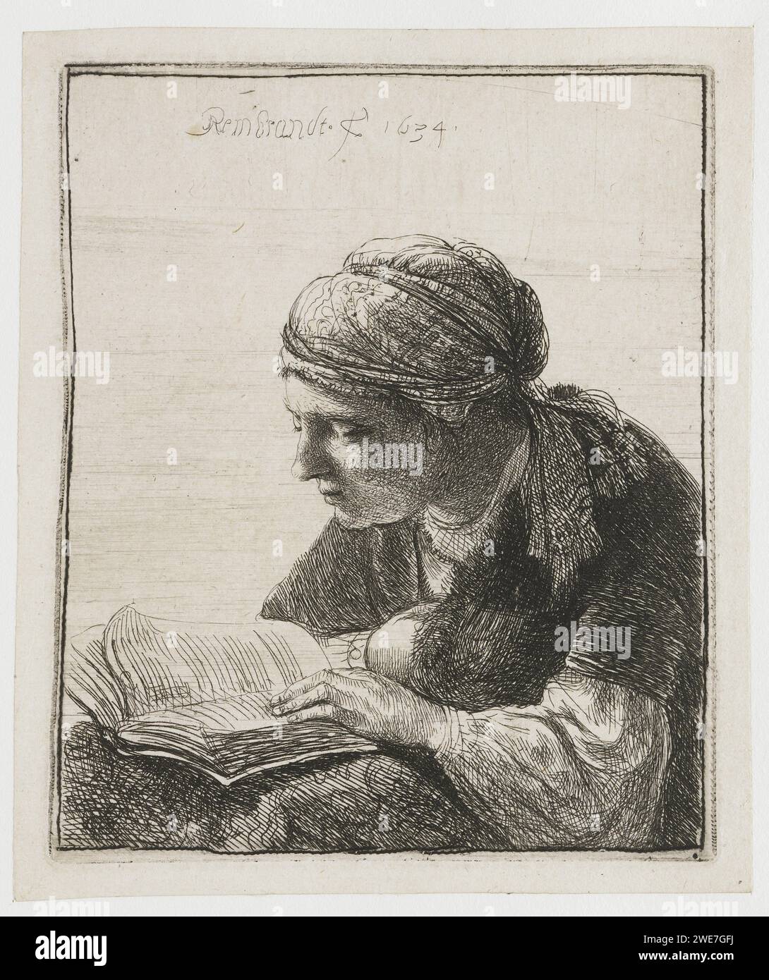 Frau, die liest, Rembrandt van Rijn, Druckpapier-Ätzung 1634 Stockfoto