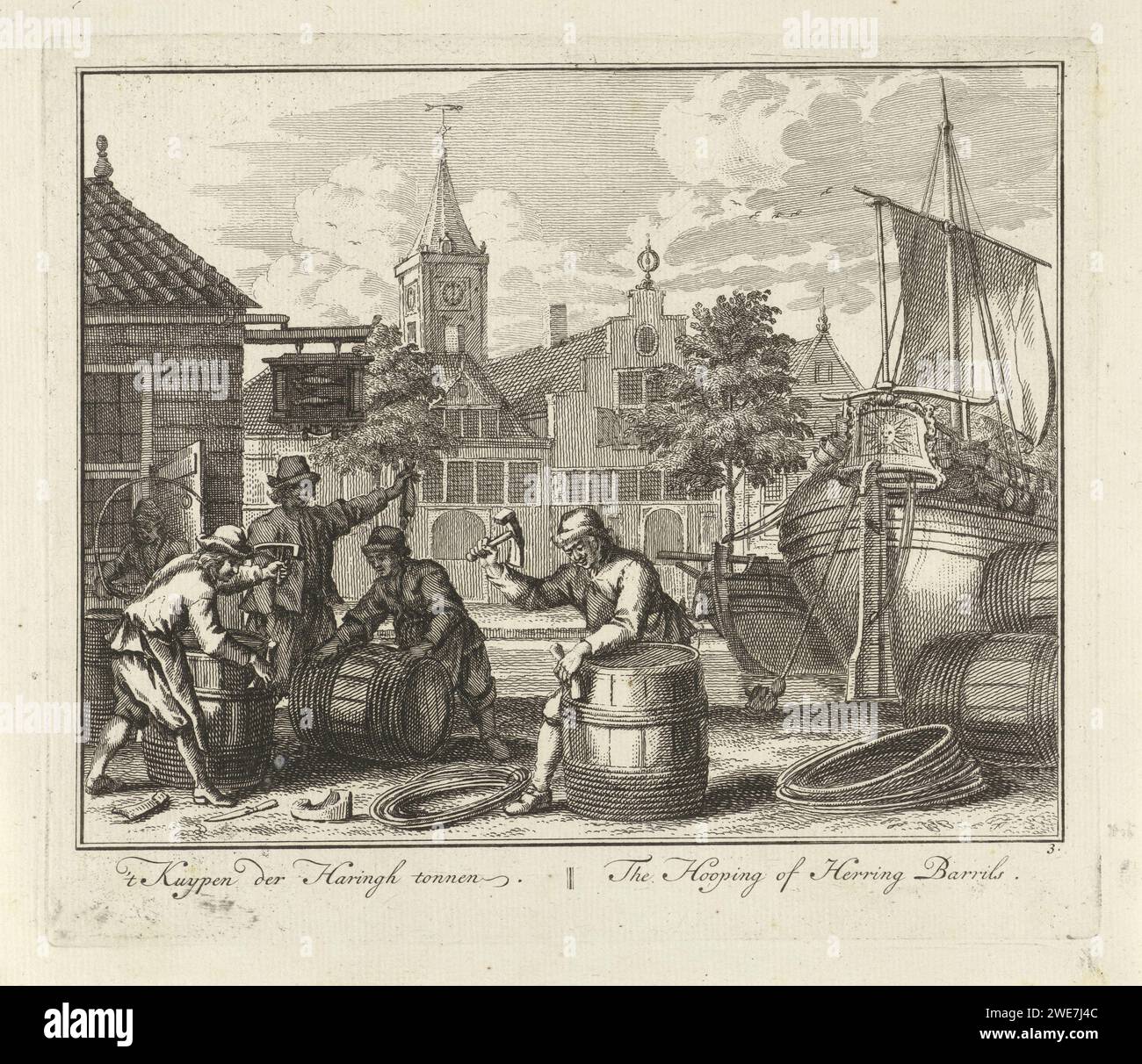 Tubs of Haringsonnen, Adolf van der Laan, nach Sieuwert van der Meulen, 1728–1761 drucken Kuipers fertigen Heringstonnen am Kai, rechts ein Boot an Land. Im Hintergrund Häuser und ein Kirchturm. Der Druck ist Teil einer 32-teiligen Druckserie mit Darbietungen über den Heringsfang. Amsterdamer Papier zur Meeres- und Küstenfischerei. Knöcherne Fische: Hering. Holzbehälter: Fass, Fass, Eimer. Kunsthandwerk ~ Holz, Holz Stockfoto