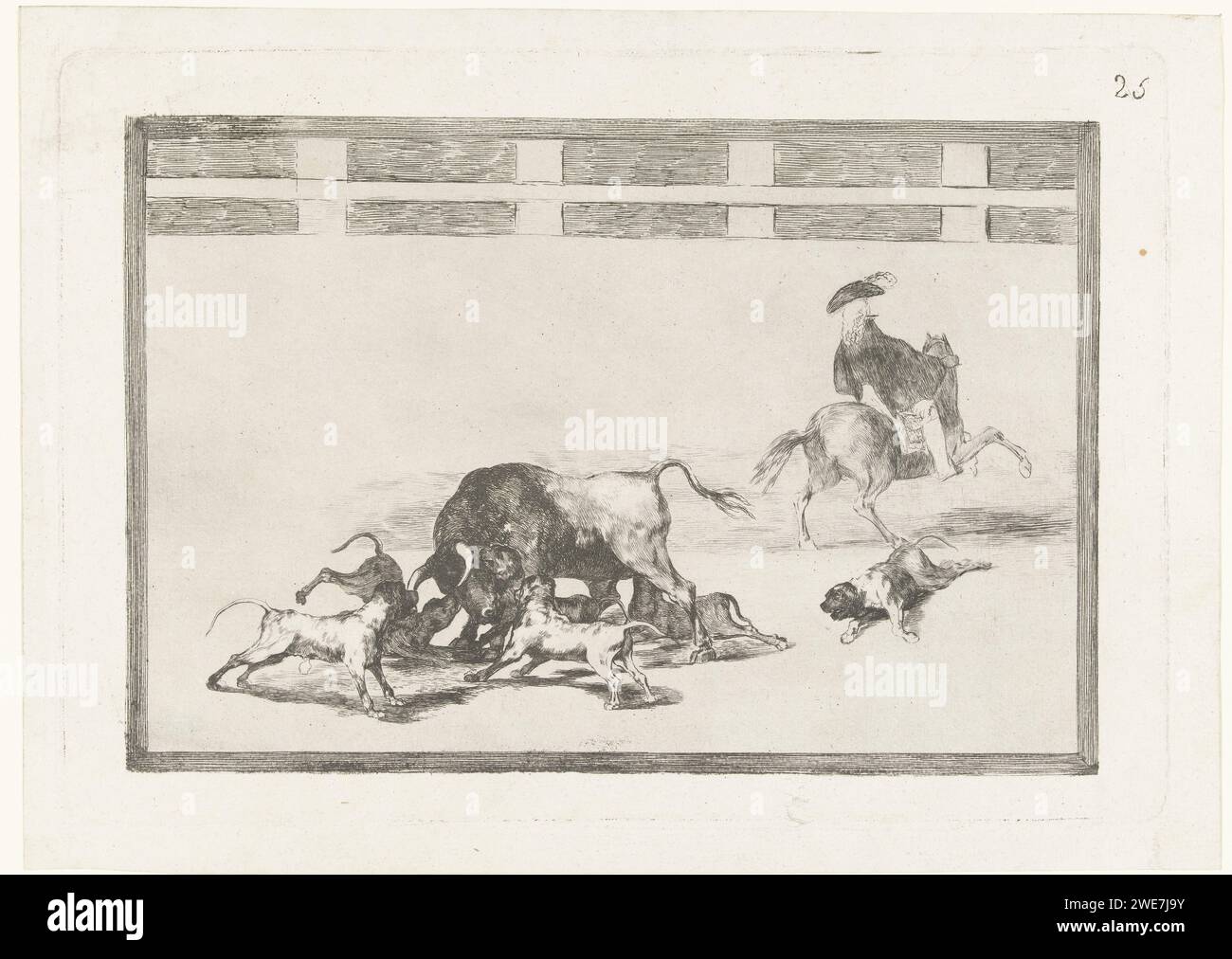 Stier von Hunden angegriffen, Francisco de Goya, 1811 - 1816 drucken fünf Hunde greifen einen Stier in einer Arena an. Ein Hund ist auf dem Boden verwundet. Auf der rechten Seite ein Mann zu Pferd, auf dem Rücken gesehen. Spanien Papierätzung / Trockenspitze Stierkampf Stockfoto