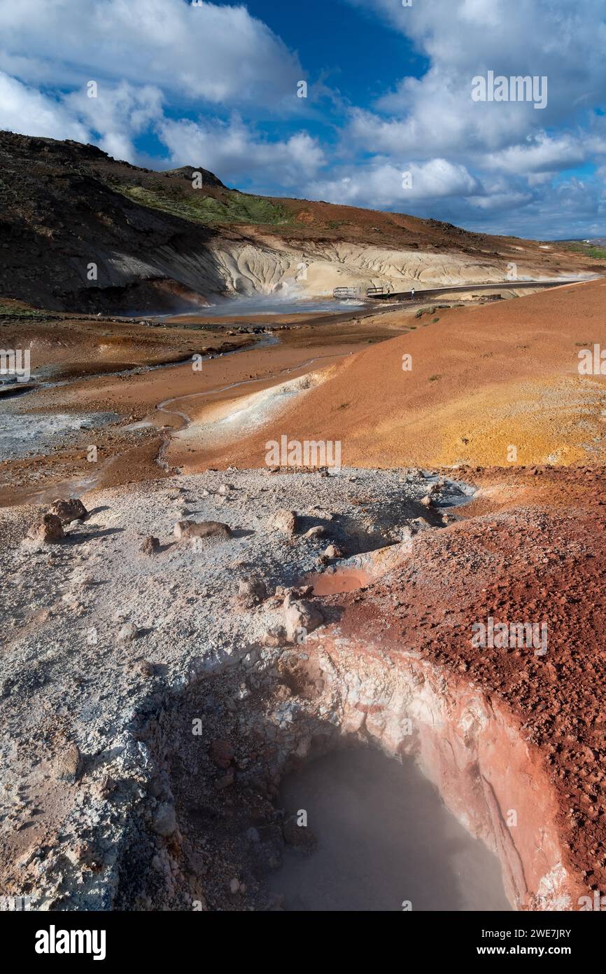 Schlammtöpfe, Solfataras, farbige Minerallagerstätten, Seltun geothermisches Gebiet in der Nähe von Krysuvik oder Krisuvik, Reykjanes-Halbinsel, Island Stockfoto