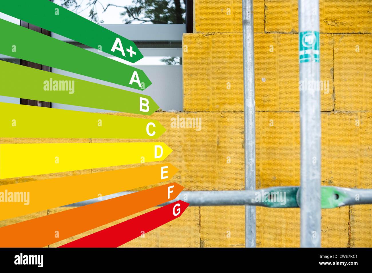 Dämmung einer Fassade mit Mineralfaserplatten, Grafik mit Energieeffizienzklassen für Gebäude nach GEG Stockfoto