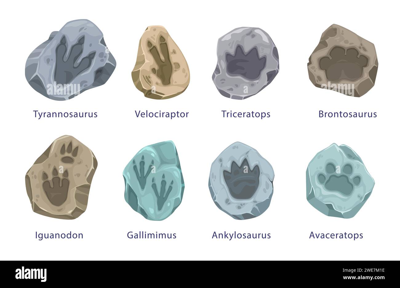 Alte Dinosaurier-Fußspuren, Fossil. Vektor tyrannosaurus, Velociraptor, triceratops und Brontosaurus. Iguanodon, gallimimus, Ankylosaurus oder Avaceratops replizieren isolierte Pfotenabdrücke in Steinstücken Stock Vektor Alte Dinosaurier-Fußspuren, Fossil. Vektor tyrannosaurus, Velociraptor, triceratops und Brontosaurus. Iguanodon, gallimimus, Ankylosaurus oder Avaceratops replizieren isolierte Pfotenabdrücke in Steinstücken Stock Vektor