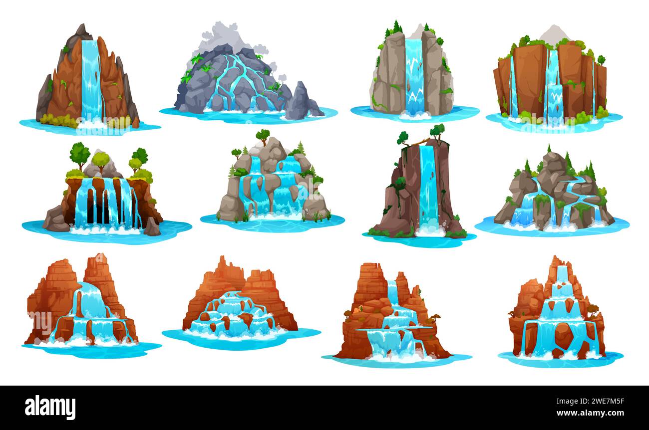 Zeichentrickfilm Wild West Wasserfall und Wasserkaskade. Spiellandschaft. Isolierte Vektorströmungen, reine Flüssigkeitsstrahlen. River Fall von Fels oder Bergen, natürliche Brunnen ui oder gui 2D Grafikset Stock Vektor