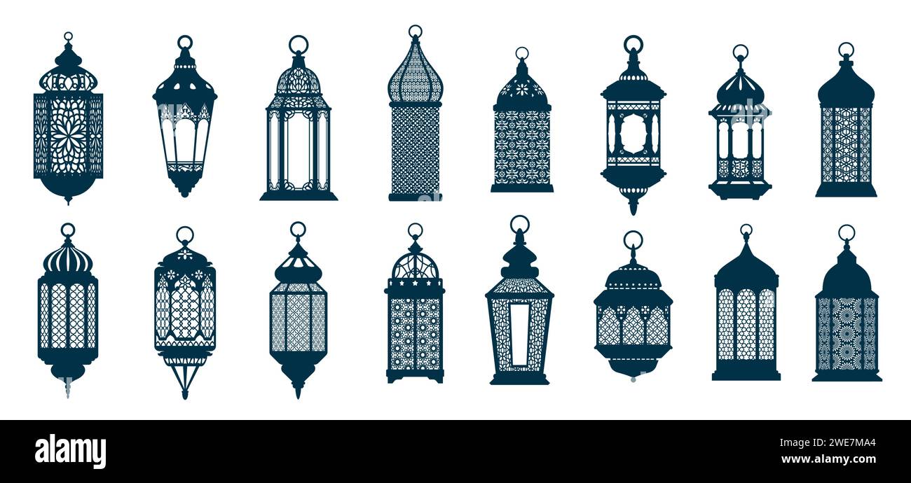 EID mubarak arab islamic fanous Laterne oder ramadan Lampensilhouetten. Isolierte Vektorlampen, Symbol für Urlaubsfreude und Feierlichkeiten. Sie beleuchten Häuser und Straßen und sorgen für ein festliches Ambiente Stock Vektor
