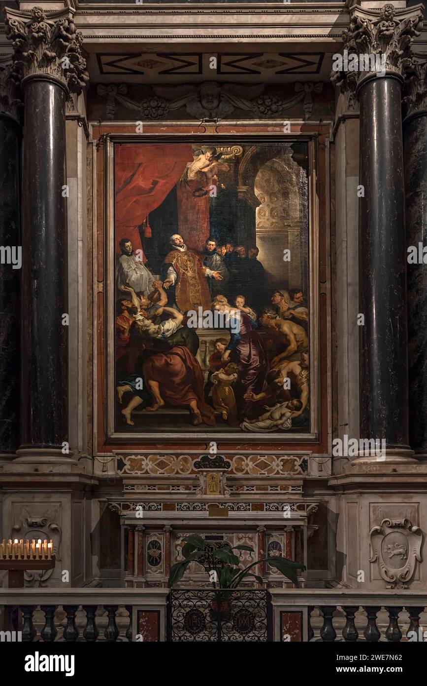 Das barocke Gemälde von Peter Paul Rubens, 1577–1640, das Wunder des heiligen Ignatius von Loyolavon, hängt in der Chiesa del la Gesu, Genua, Italien Stockfoto