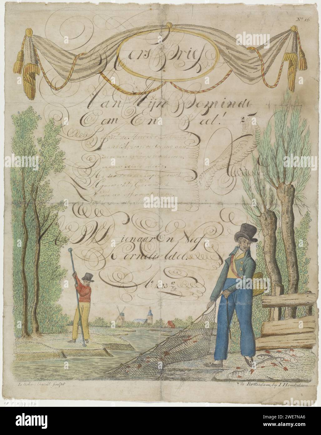 Wunschbrief mit Vissern, Leonardus Schweickhardt, 1823 Druck Wunschbrief mit beschriebener Kartusche im dekorativen Rahmen mit einer Aufführung von Fischern mit Stock und Netz. Handgeschriebene Botschaft in Kalligraphie (Weihnachtsbrief) von Cornelis Adel an seinen Onkel und Peet. Oben rechts nummeriert. Nr. 16. Der Verlag: Roterdam Paper. Tintenätzung / Kalligraphie / Pen Angelnetz. fischer Stockfoto